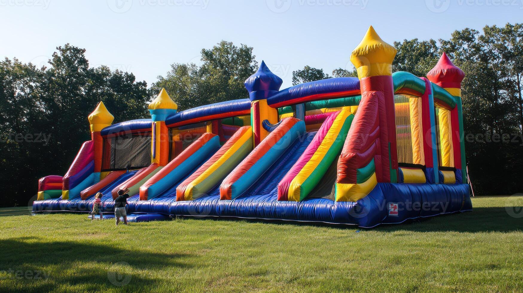 A vibrant inflatable castle with slides, perfect for outdoor fun. photo