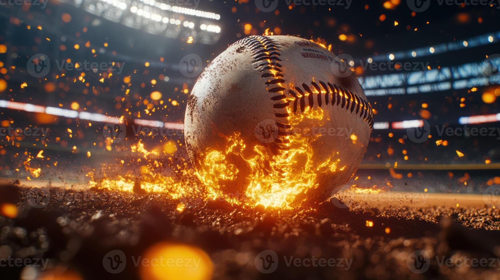 A baseball ignites into flames on the field, capturing intense energy. photo