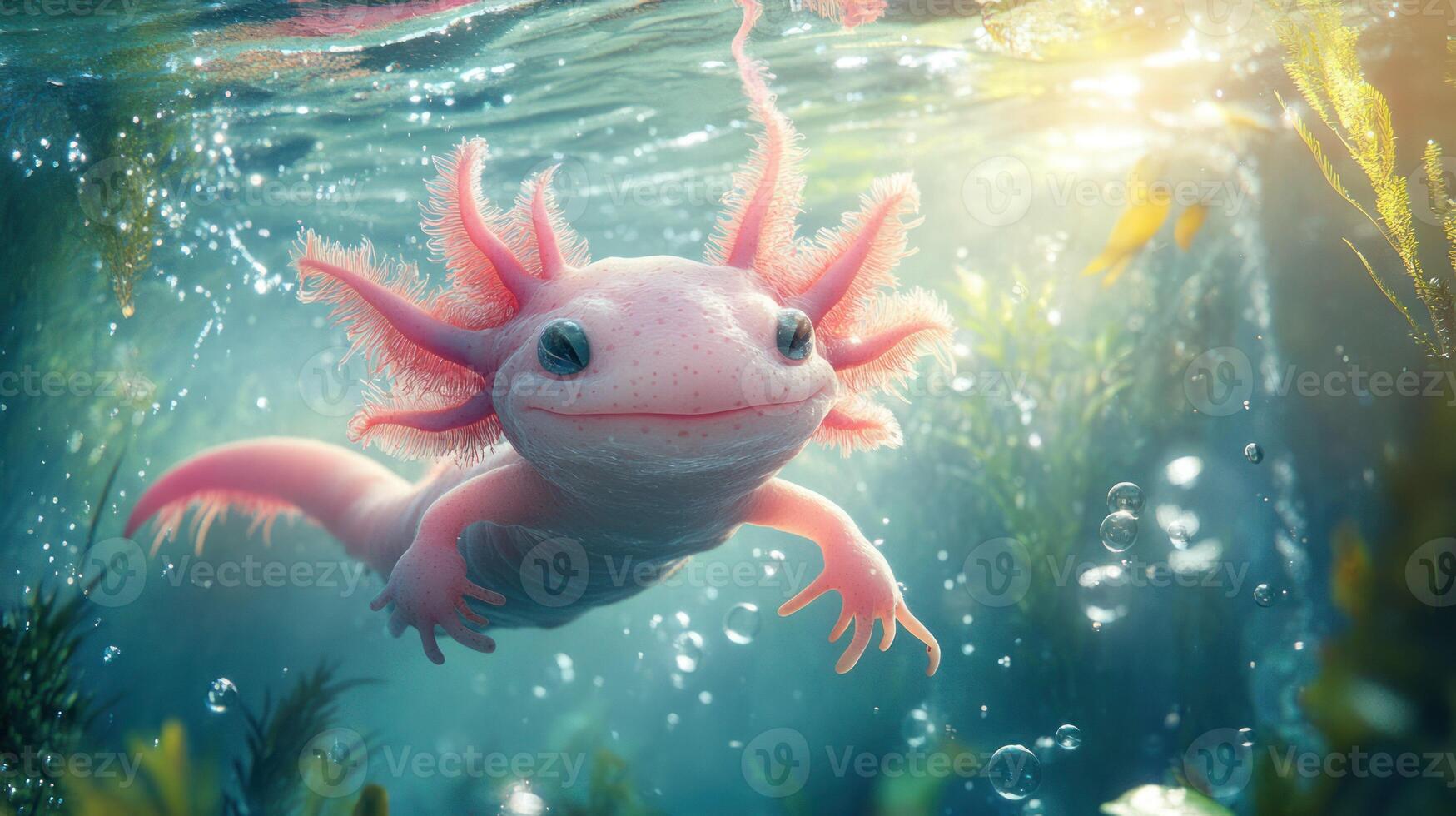 A cheerful axolotl swimming in a vibrant underwater habitat. photo