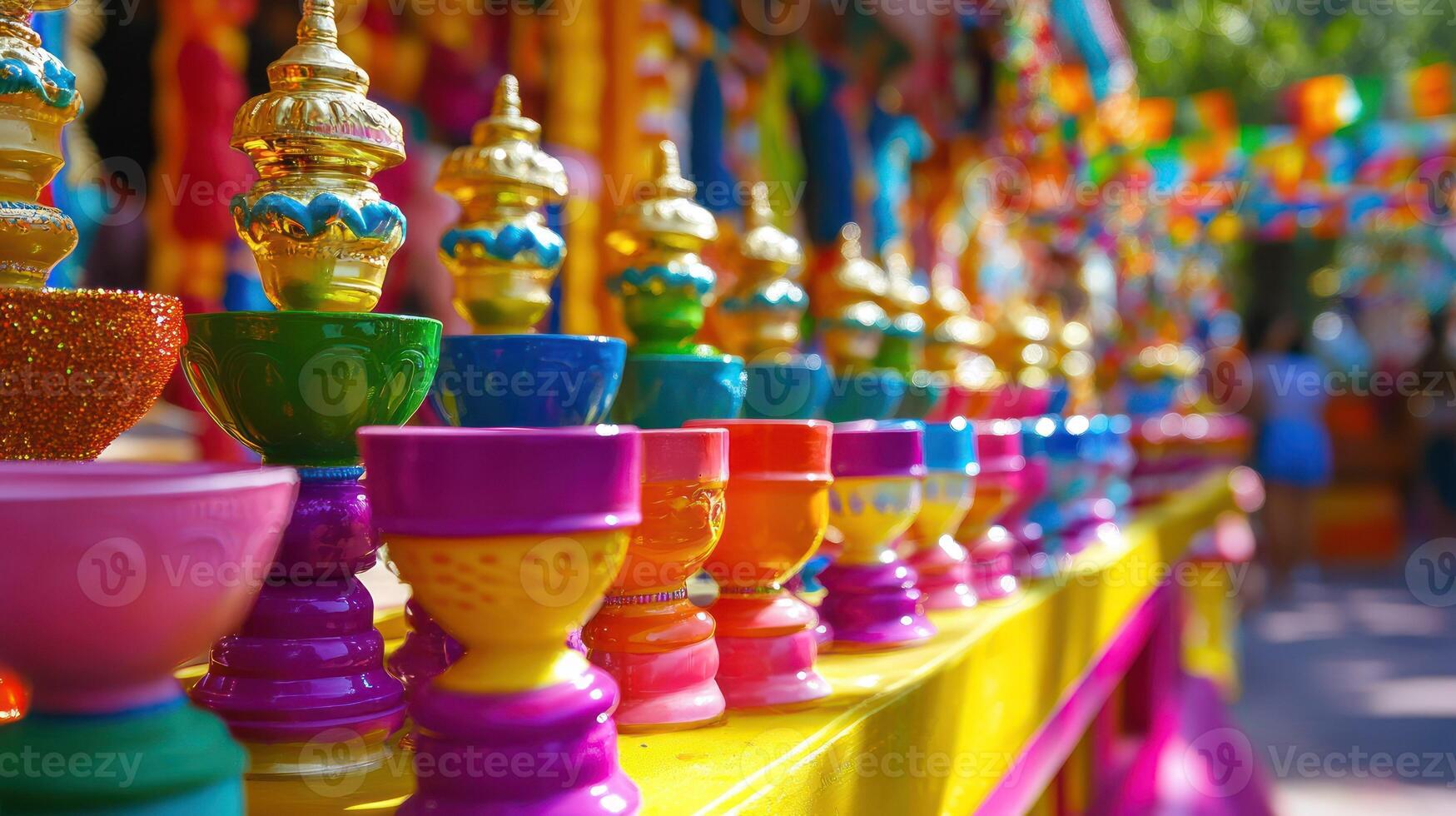 Vibrant festival decorations in colorful bowls create a joyful atmosphere. photo
