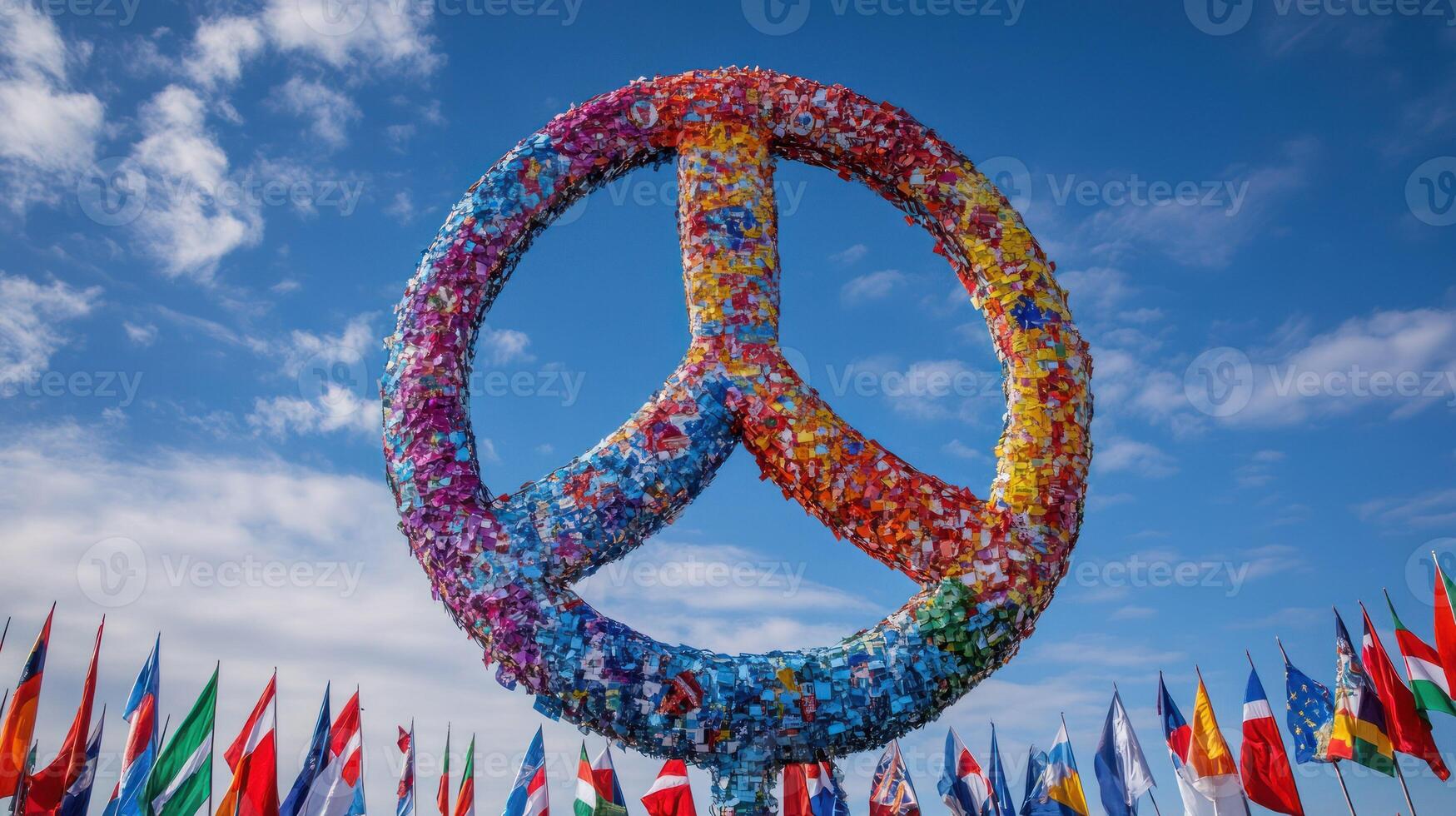 A vibrant peace symbol surrounded by flags under a clear blue sky. photo