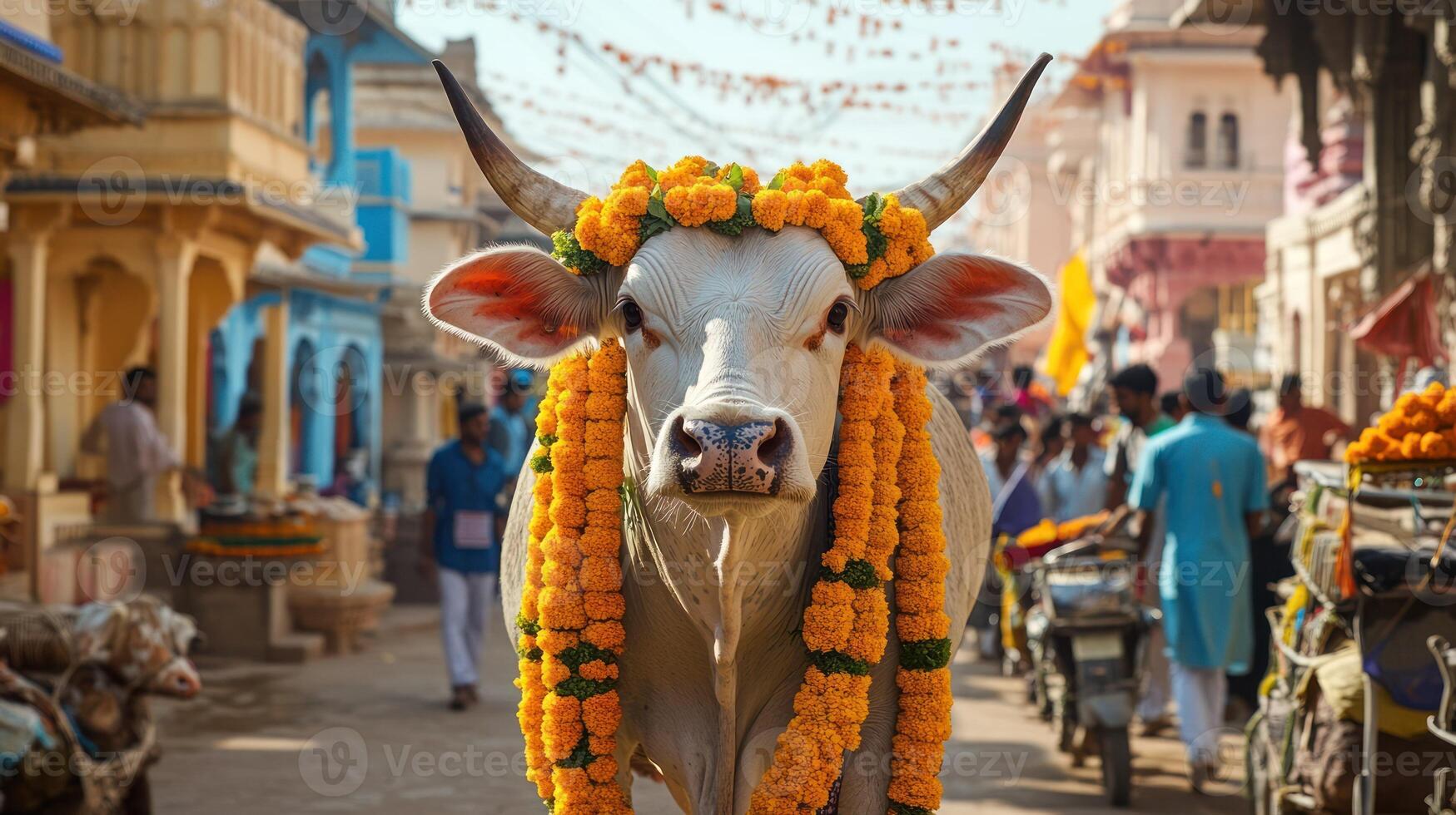 A decorated cow leads a festive street parade in a vibrant marketplace. photo