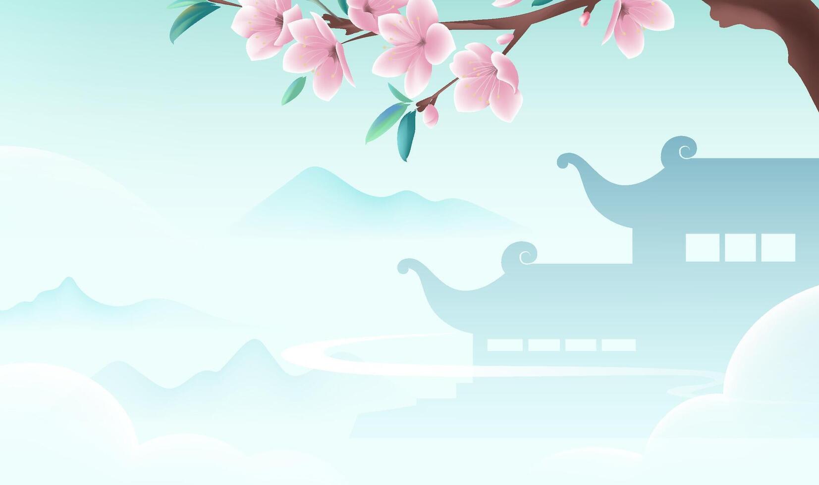 Chinese style horizontal plate illustration design peach blossom and Chinese architectural background vector