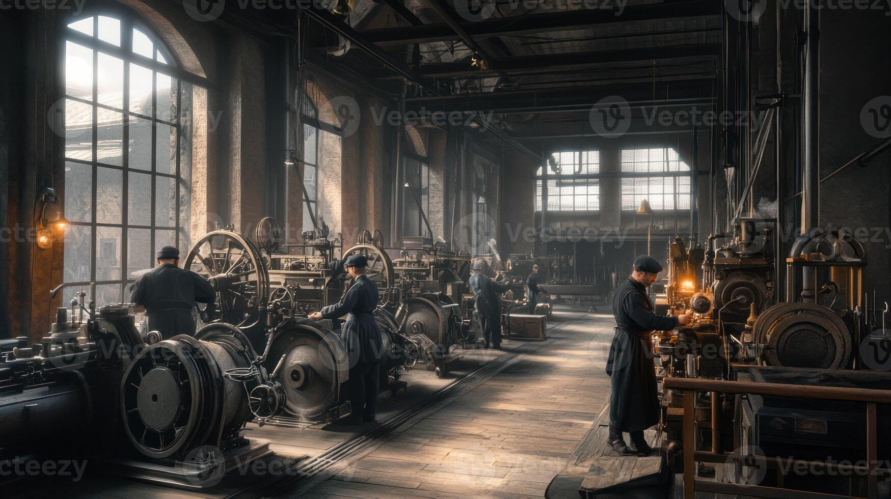A vintage factory showcasing intricate machinery and skilled workers. photo