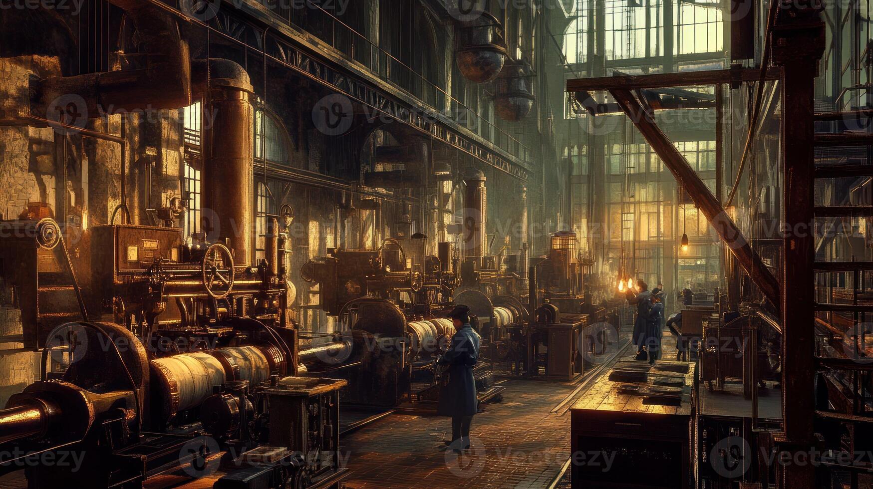 A vintage industrial workshop filled with machinery and workers. photo