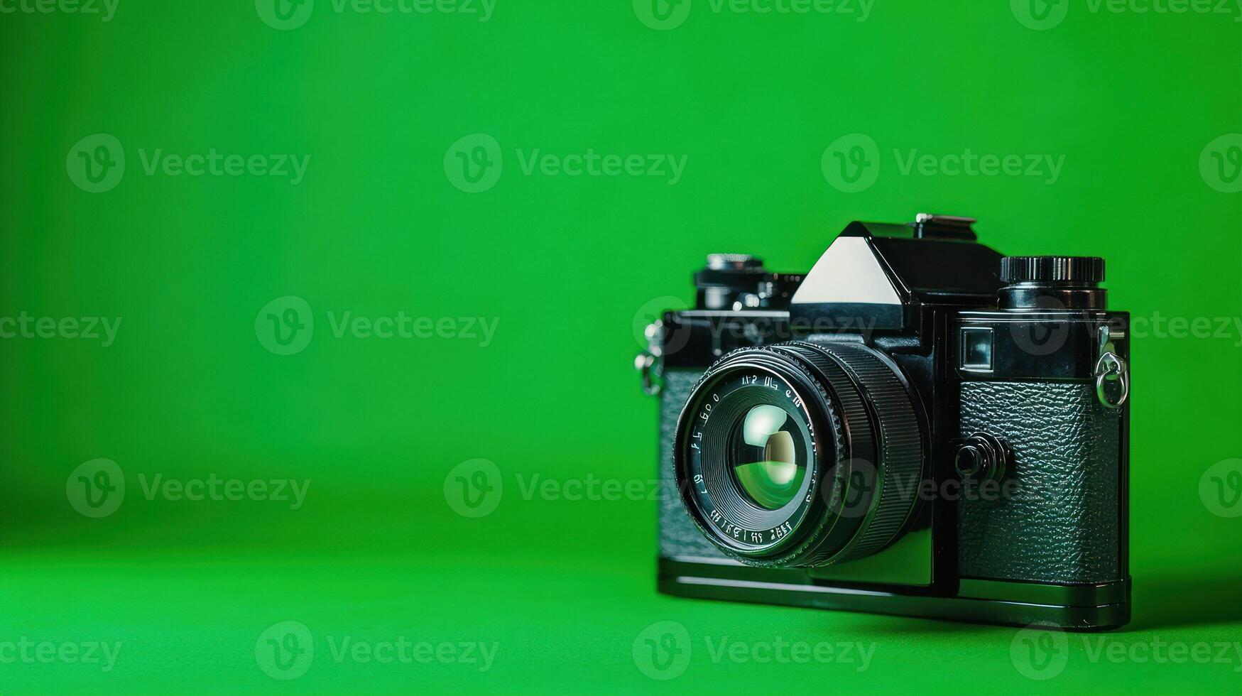 A vintage black camera positioned on a vibrant green background. photo
