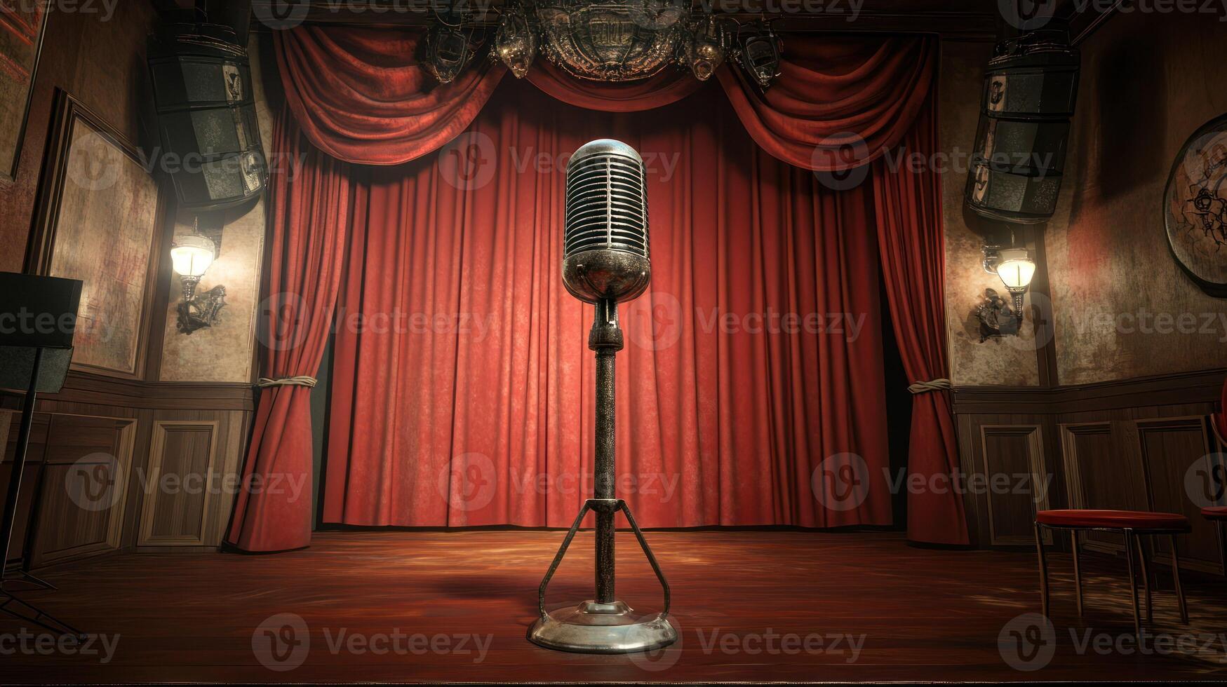 A vintage microphone stands alone on a theater stage, ready for performance. photo