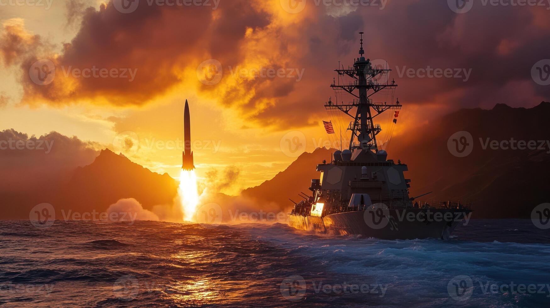 A naval ship launches a missile against a dramatic sunset backdrop. photo