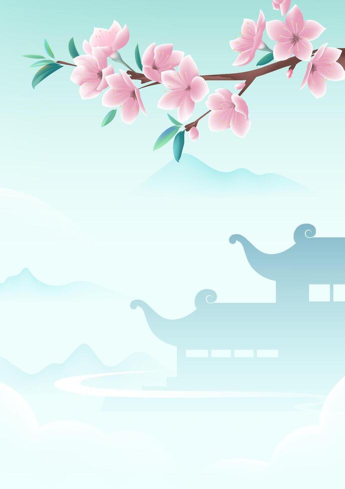 Chinese style vertical plate illustration design peach blossom and Chinese architectural background vector