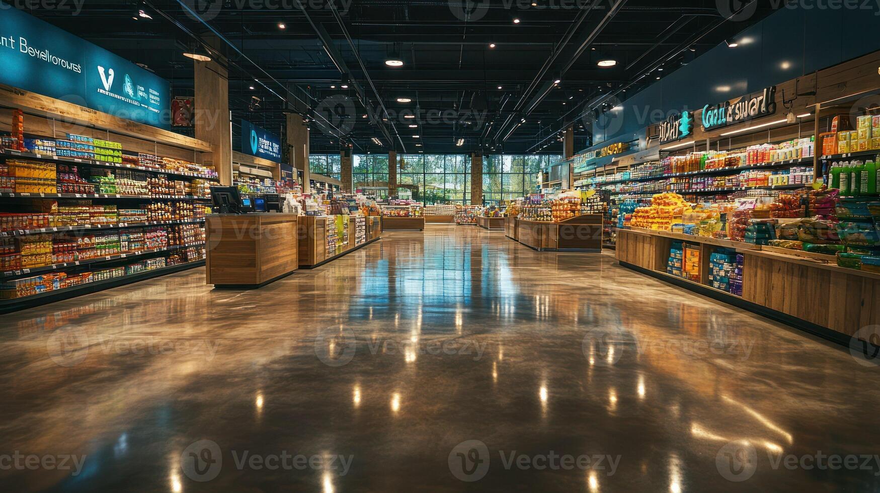 A modern grocery store interior with bright lights and colorful products. photo