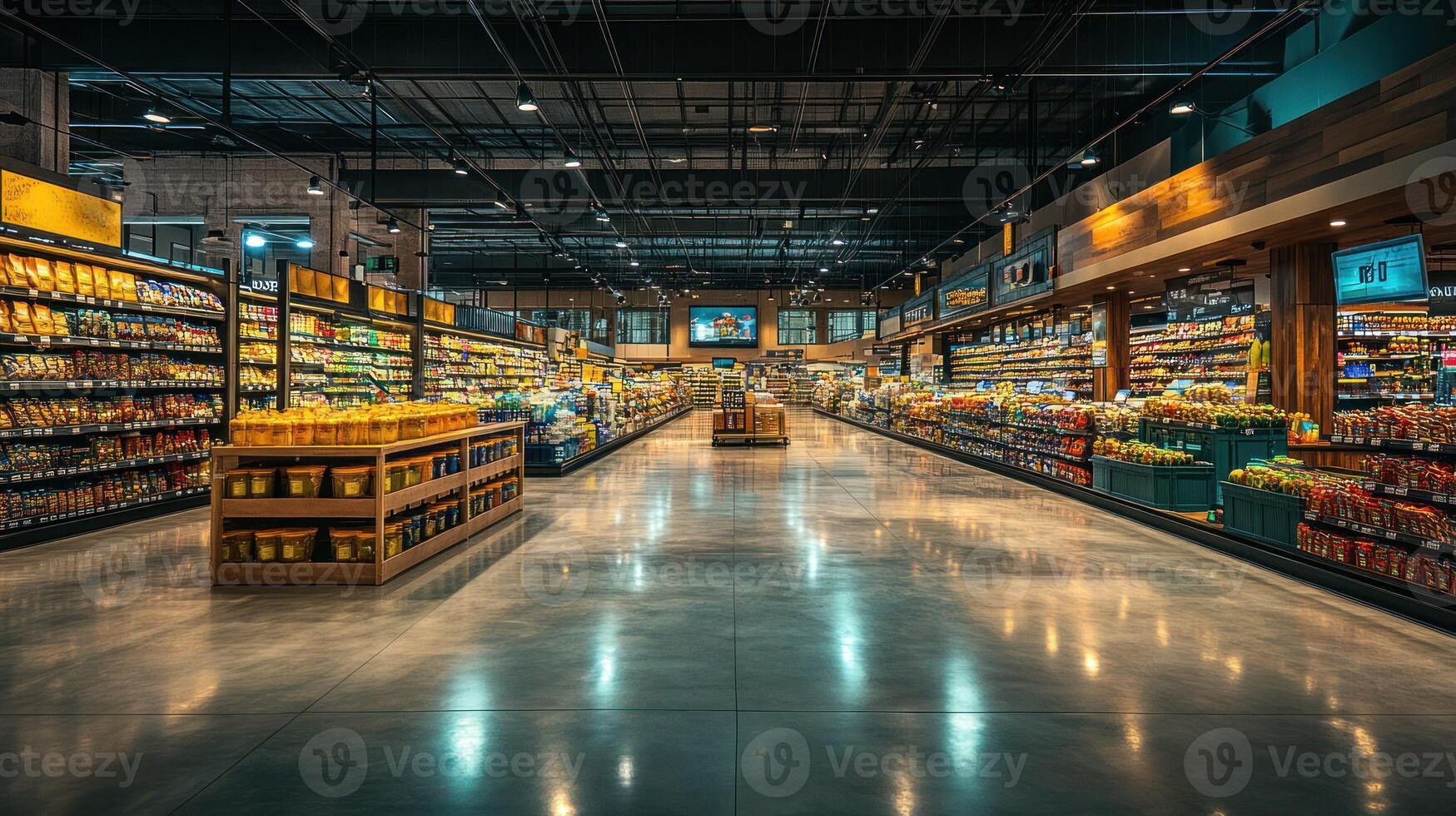 A vibrant grocery store showcasing neatly arranged product displays. photo