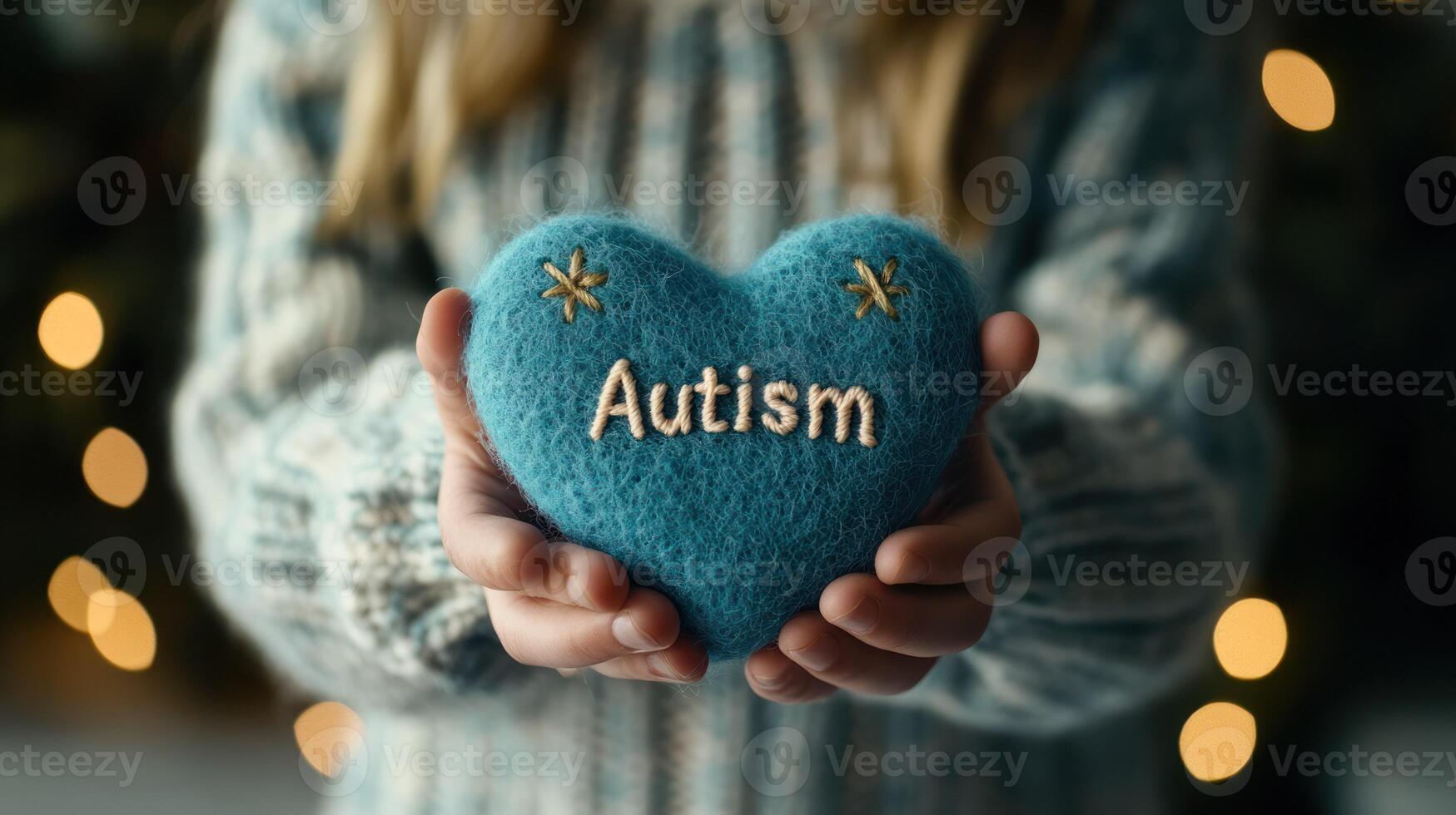 A child holds a blue felt heart with the word 'Autism' embroidered. photo