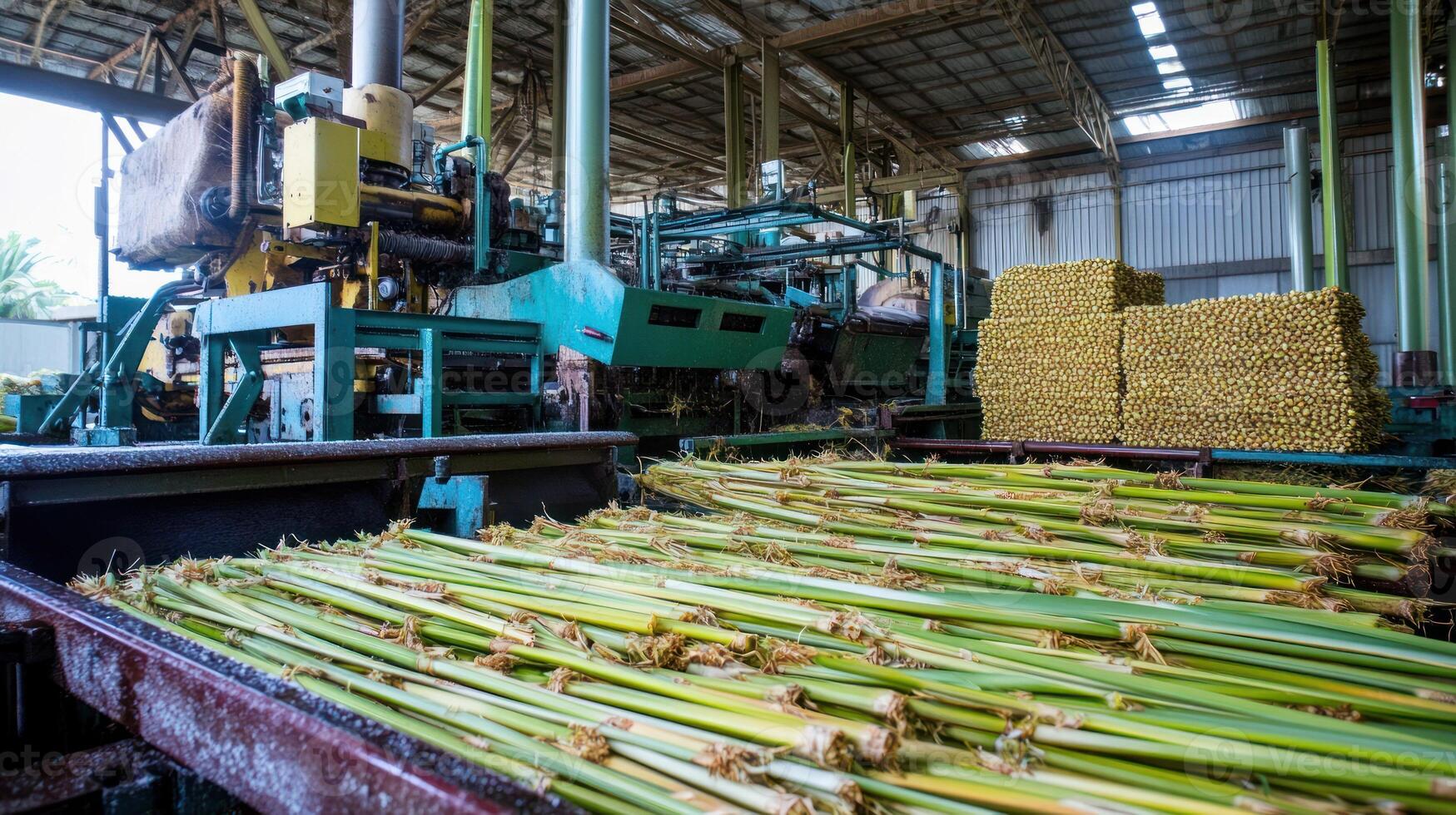 Sugarcane processing factory with machinery and harvested stalks. photo