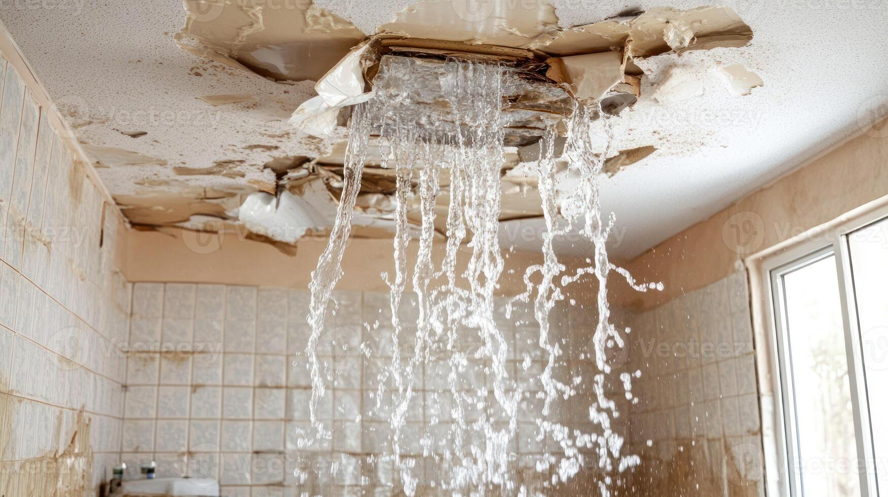 A ceiling leak causing water to flow indoors, showcasing interior damage. photo