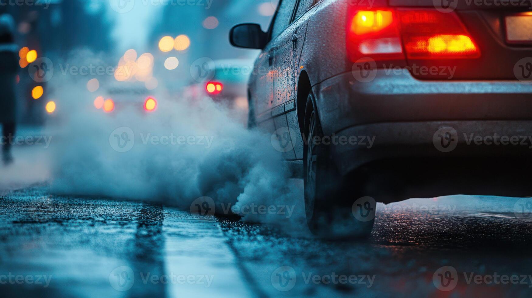 A car emitting exhaust in a foggy urban street during winter. photo