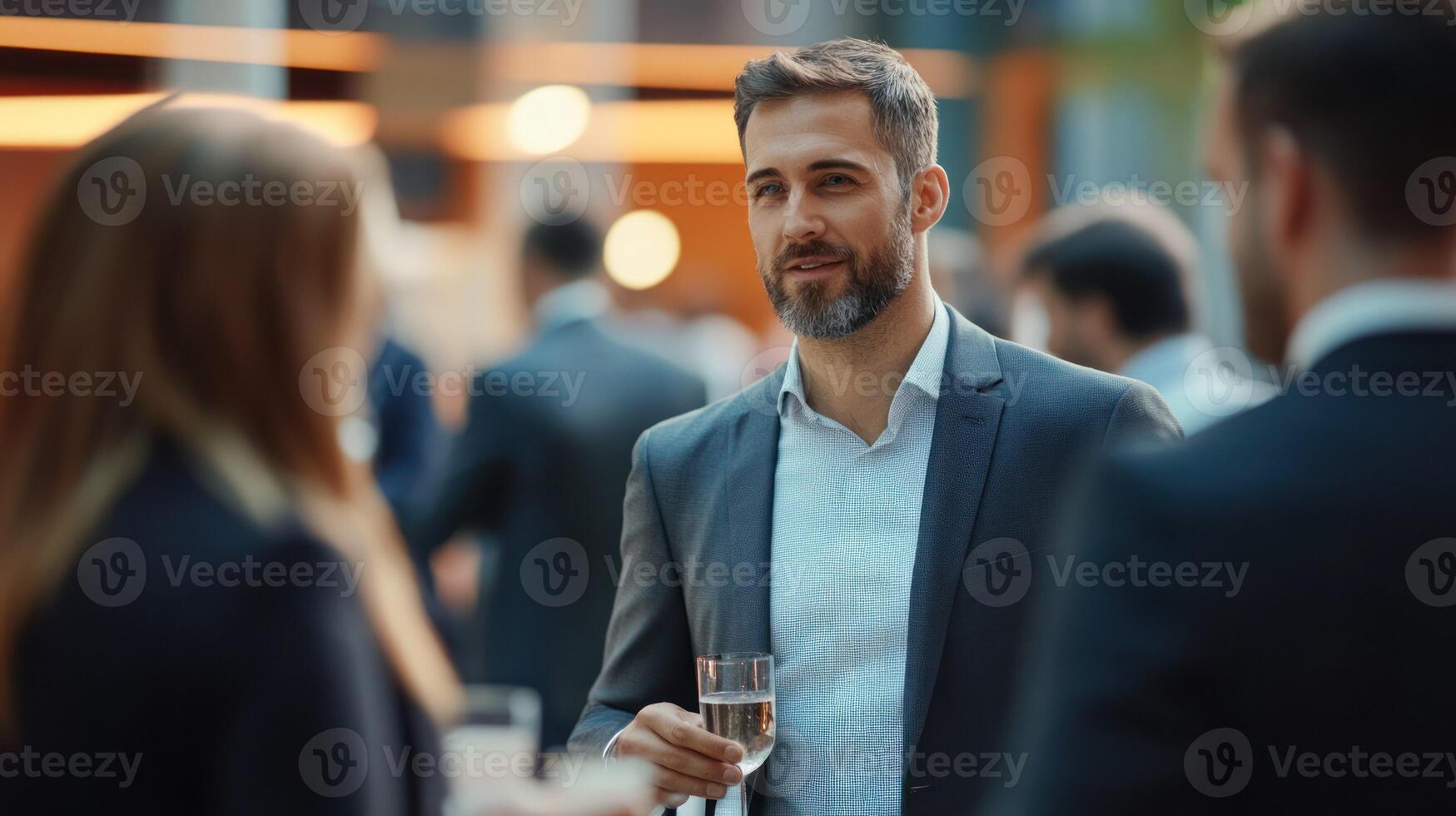 Professionals networking at a modern business event, engaged in conversation. photo