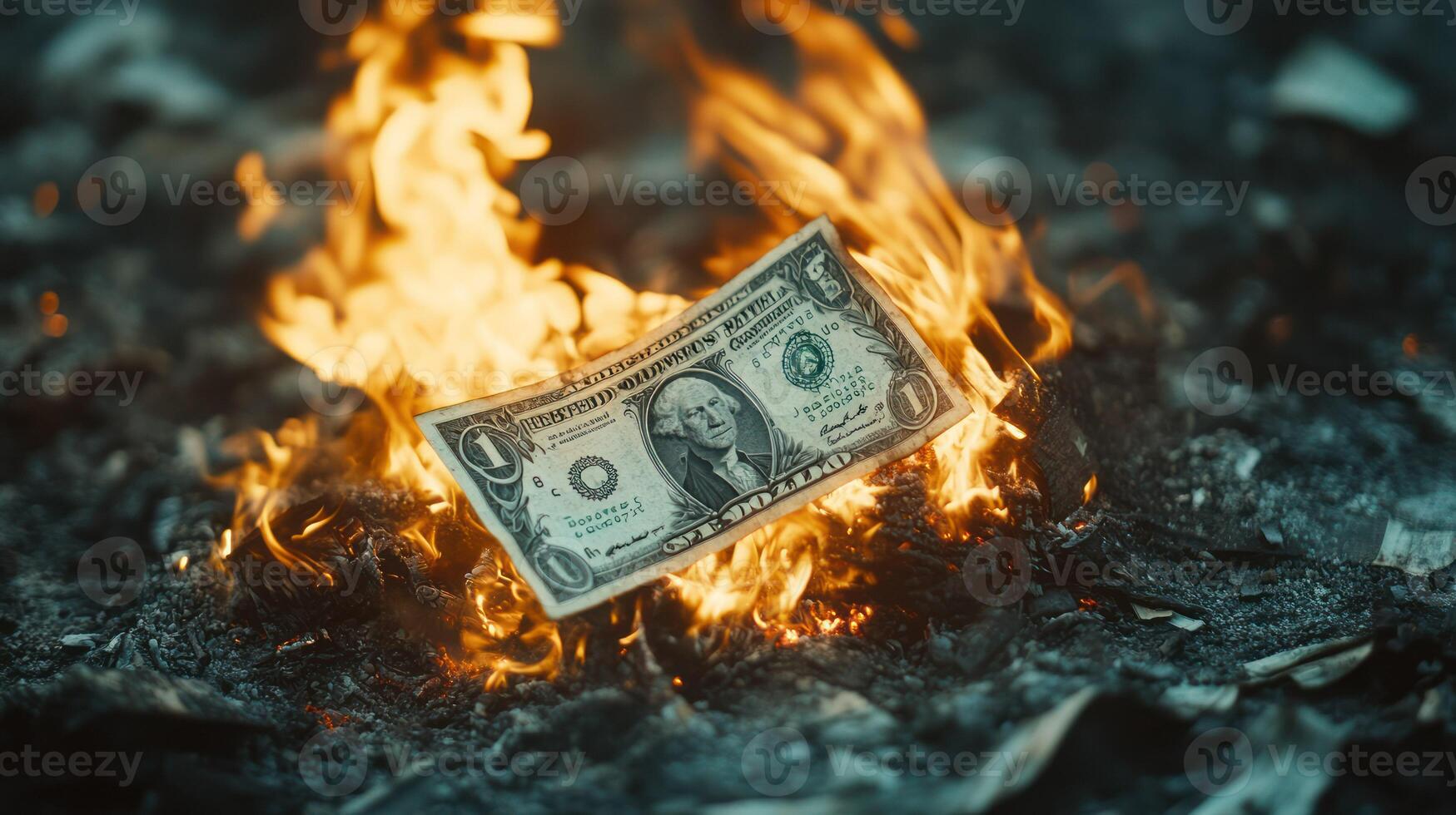 A dollar bill engulfed in flames, symbolizing financial loss and despair. photo