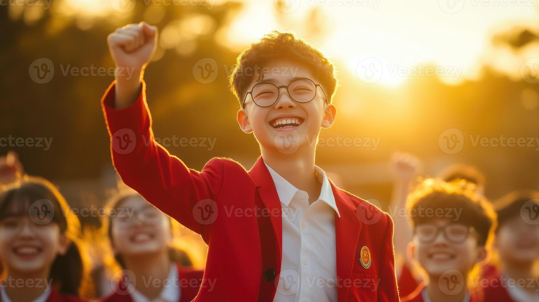 A joyous group of students celebrating at sunset. photo