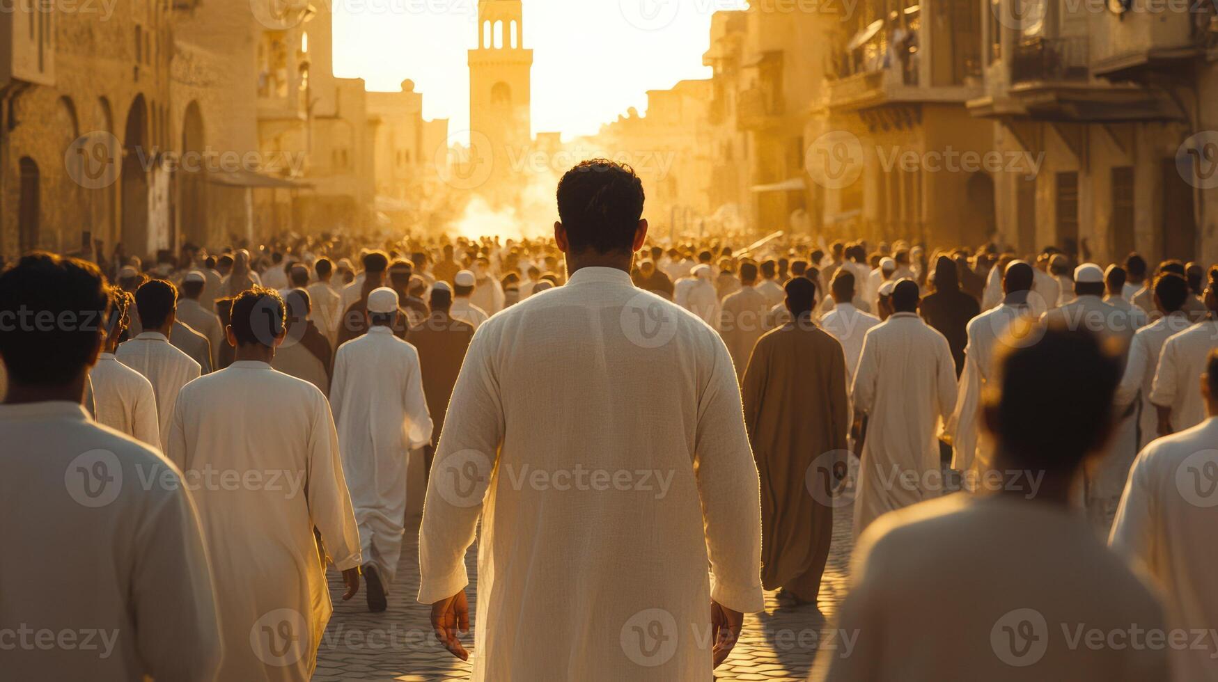 A large crowd of men walking towards a mosque during a warm sunset. photo