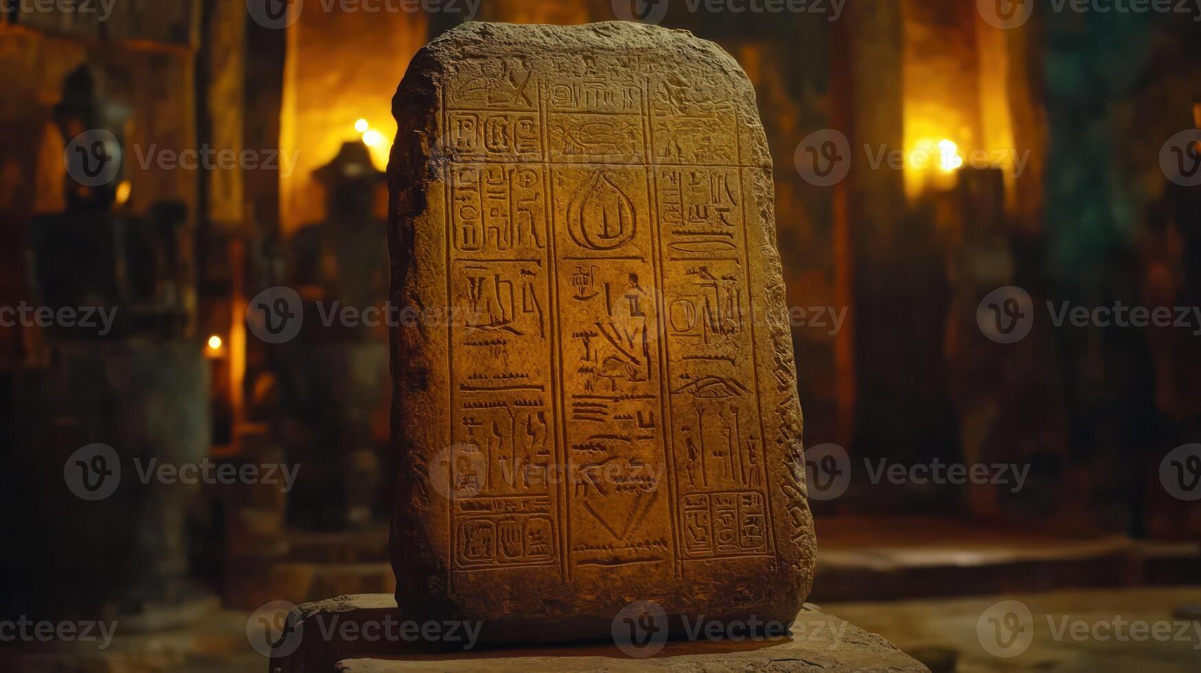 Ancient stone tablet with hieroglyphs, illuminated in a mysterious atmosphere. photo