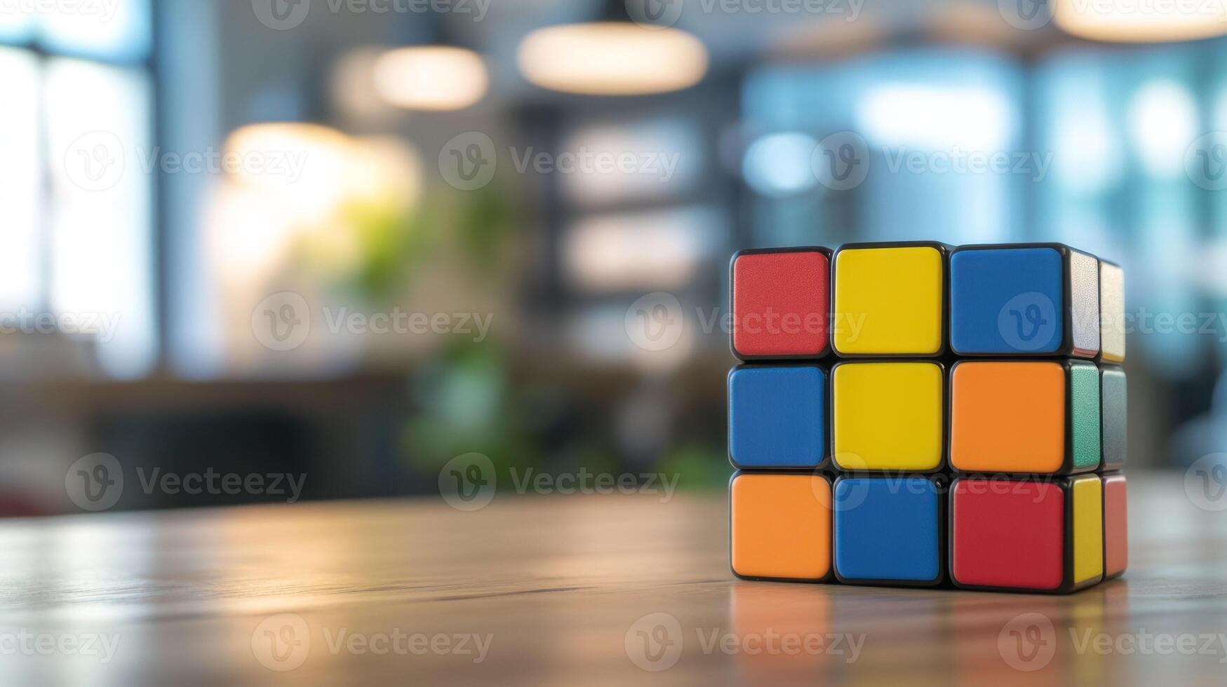 A close-up of a Rubik's Cube on a wooden table in a modern workspace. photo