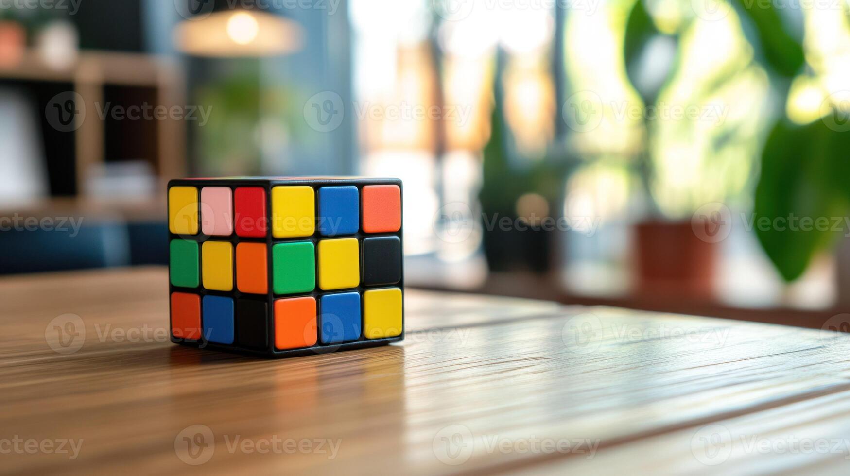 A vibrant Rubik's Cube on a wooden table, enhancing a cozy atmosphere. photo