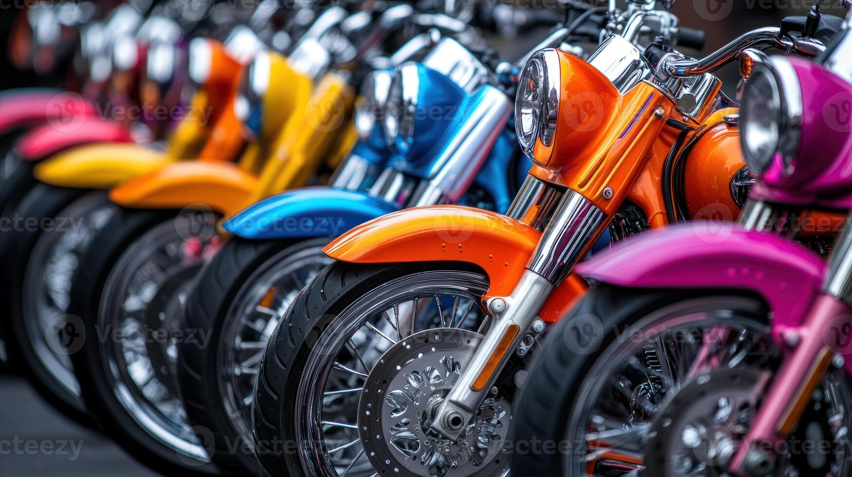 A vibrant lineup of colorful motorcycles showcasing shiny chrome details. photo