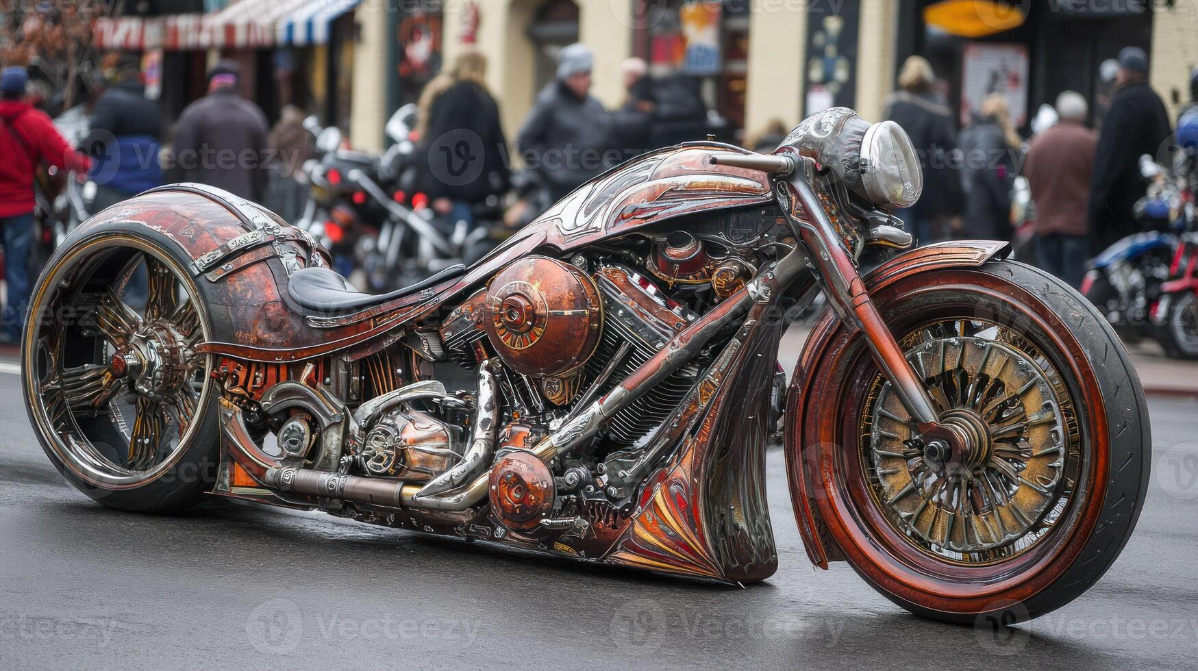A striking custom motorcycle showcasing intricate vintage artistry. photo
