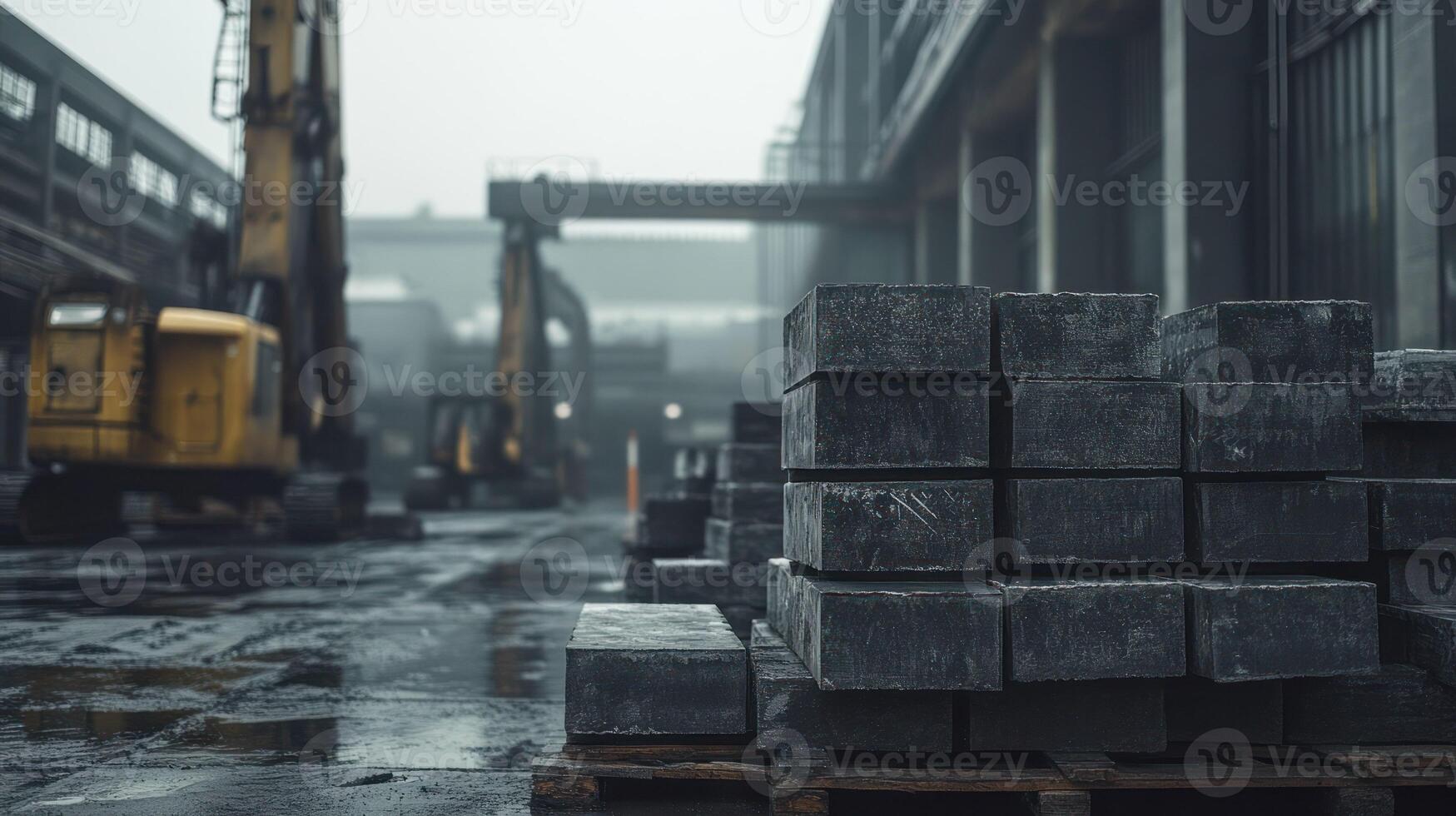 An industrial site with stacked steel blocks in a foggy atmosphere. photo