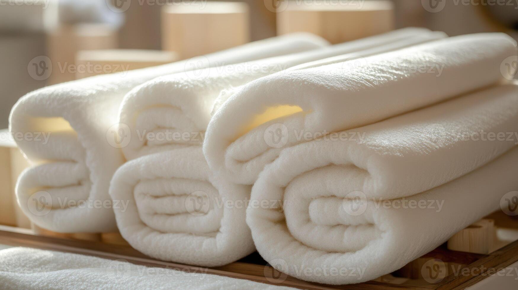 A stack of neatly rolled white towels on a wooden tray. photo