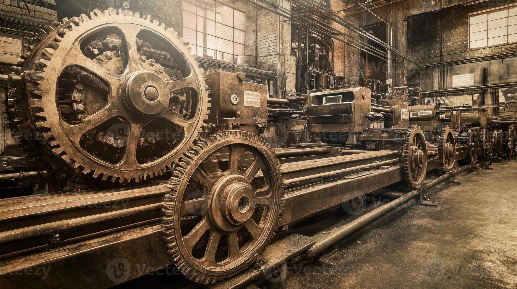 Vintage industrial machinery with large gears in a historical workshop. photo