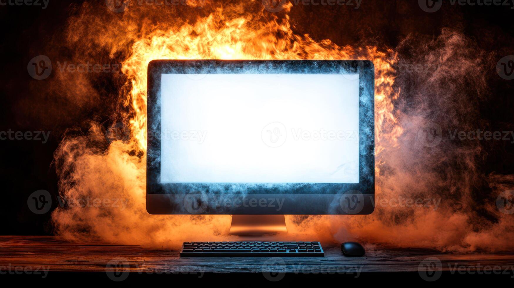 A dramatic scene of a computer monitor engulfed in flames and smoke. photo