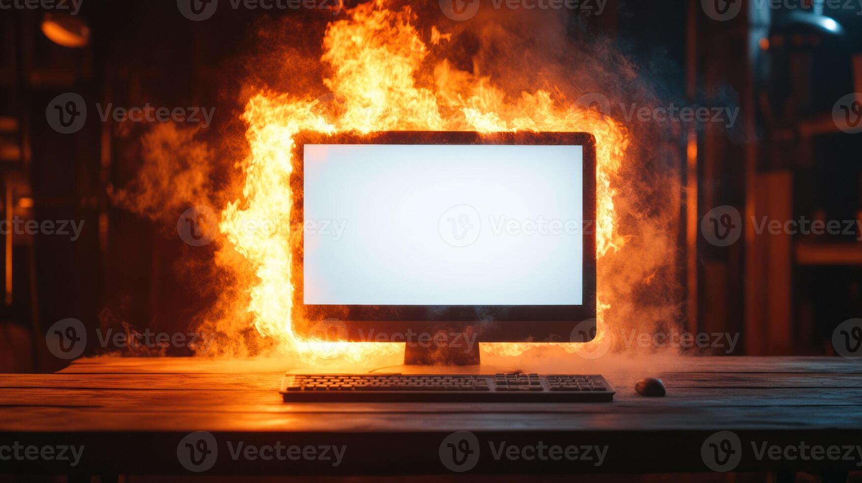 A burning computer monitor surrounded by flames and smoke. photo