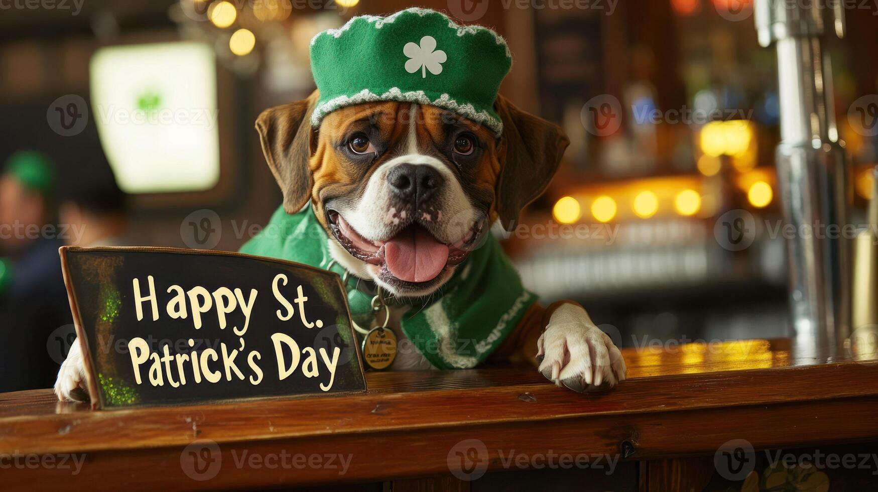 A cheerful dog in festive attire celebrates St. Patrick's Day at a bar. photo