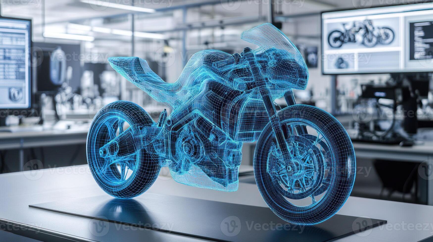 A holographic motorcycle model displayed in a futuristic laboratory. photo