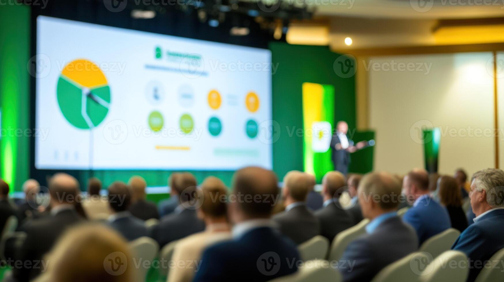 A corporate presentation at a conference with an engaged audience. photo