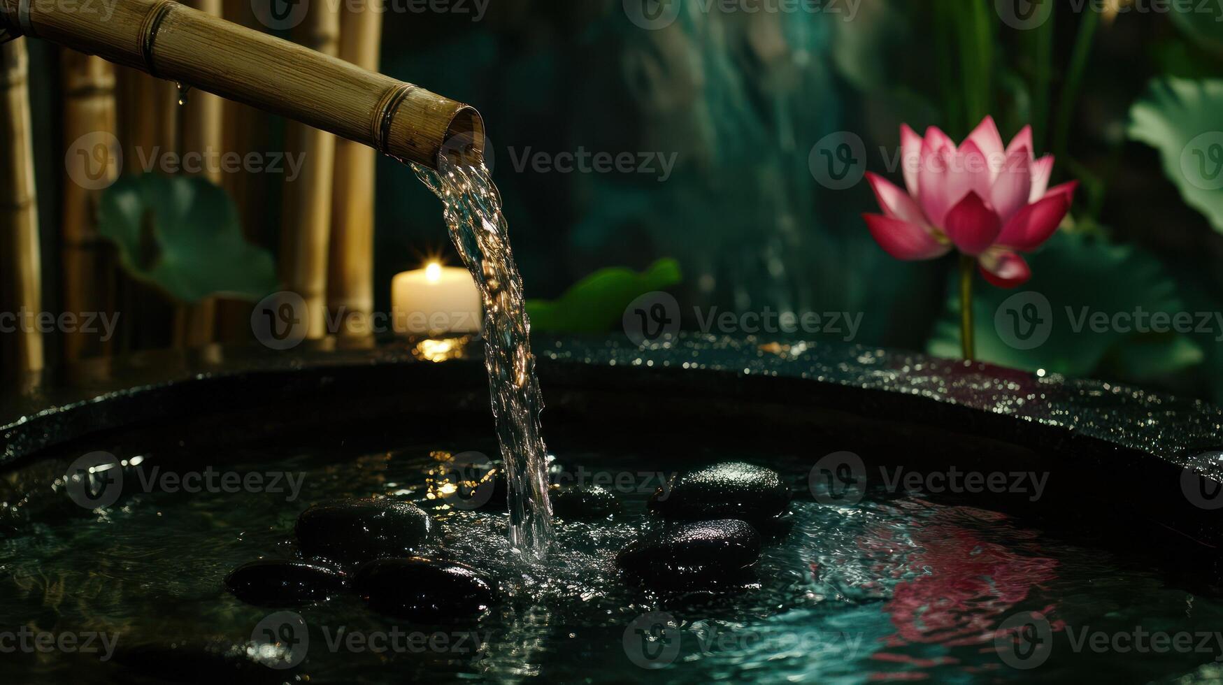 A serene water feature with bamboo, stones, and a lotus flower. photo