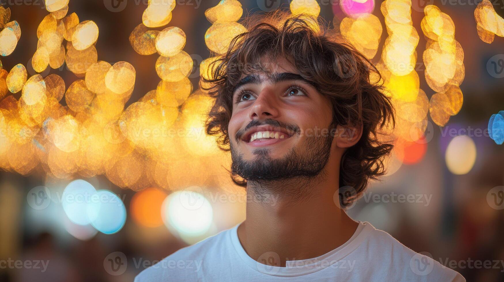 A young man smiles joyfully against a backdrop of glowing lights. photo