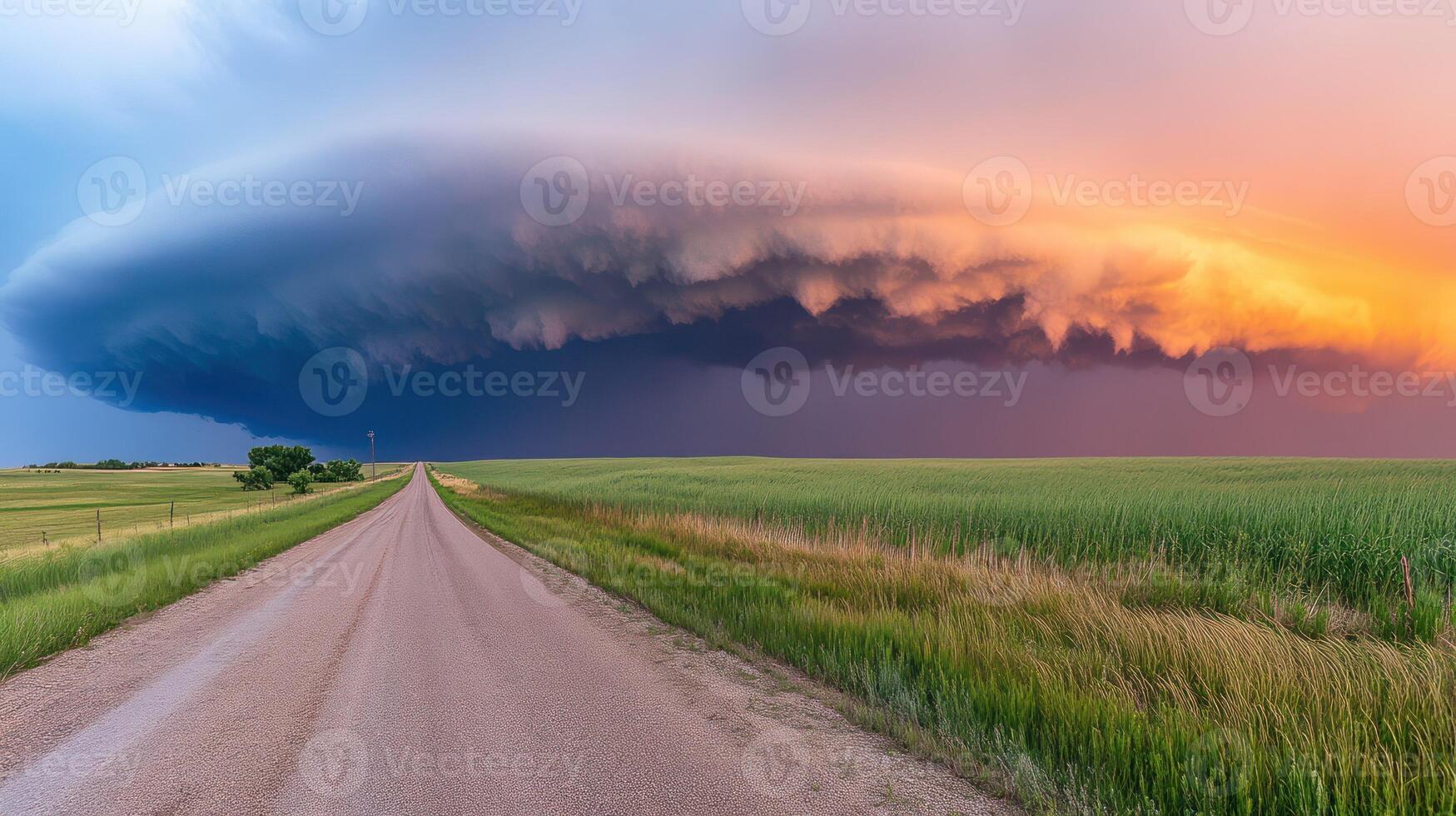 Dramatic clouds loom over a serene rural road at sunset. photo