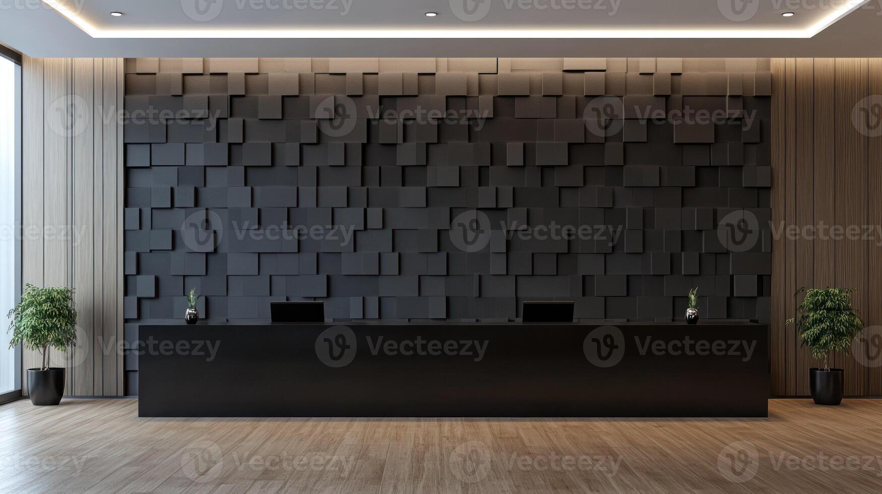 A sleek modern reception area with a striking black wall and plants. photo