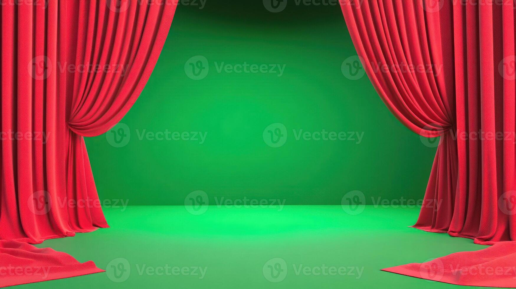 Red curtains frame a vibrant green background, evoking a dramatic atmosphere. photo