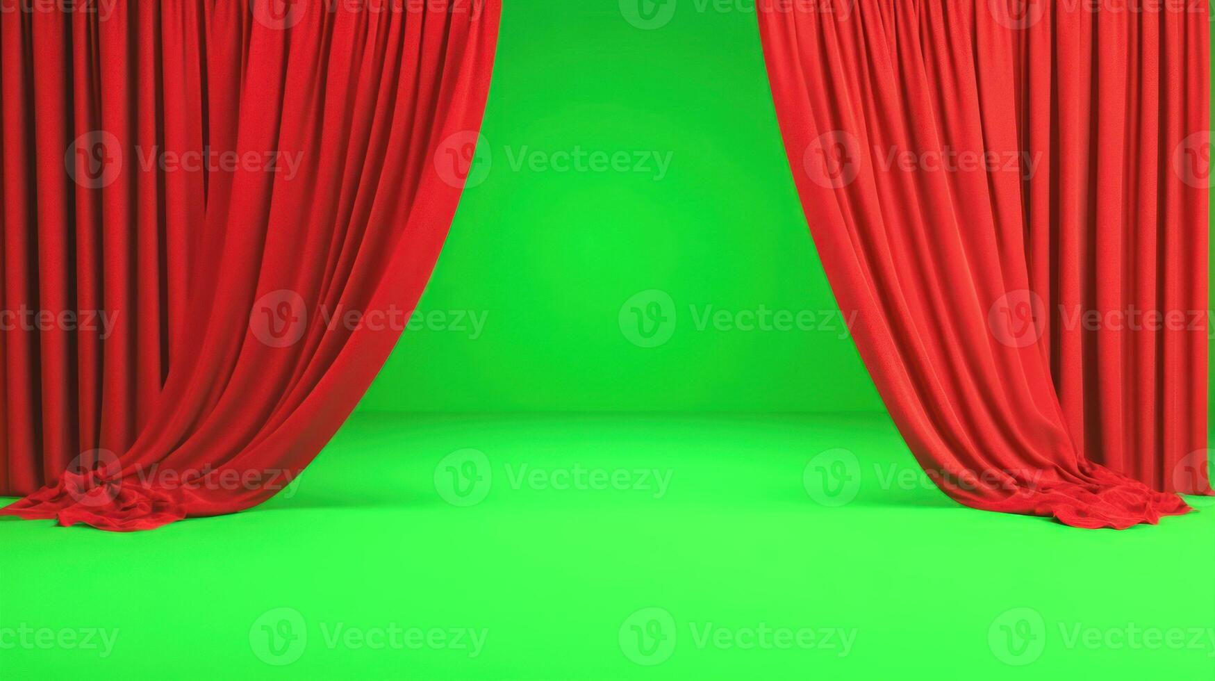 Red curtains on a vibrant green backdrop, ready for a performance. photo