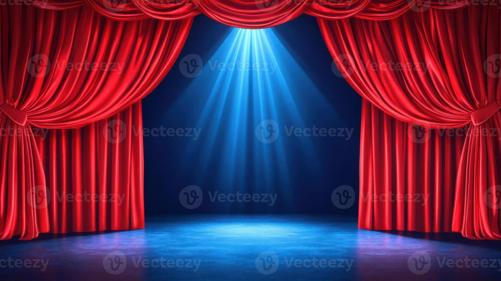 Vibrant red curtains parting with a spotlight illuminating the stage. photo