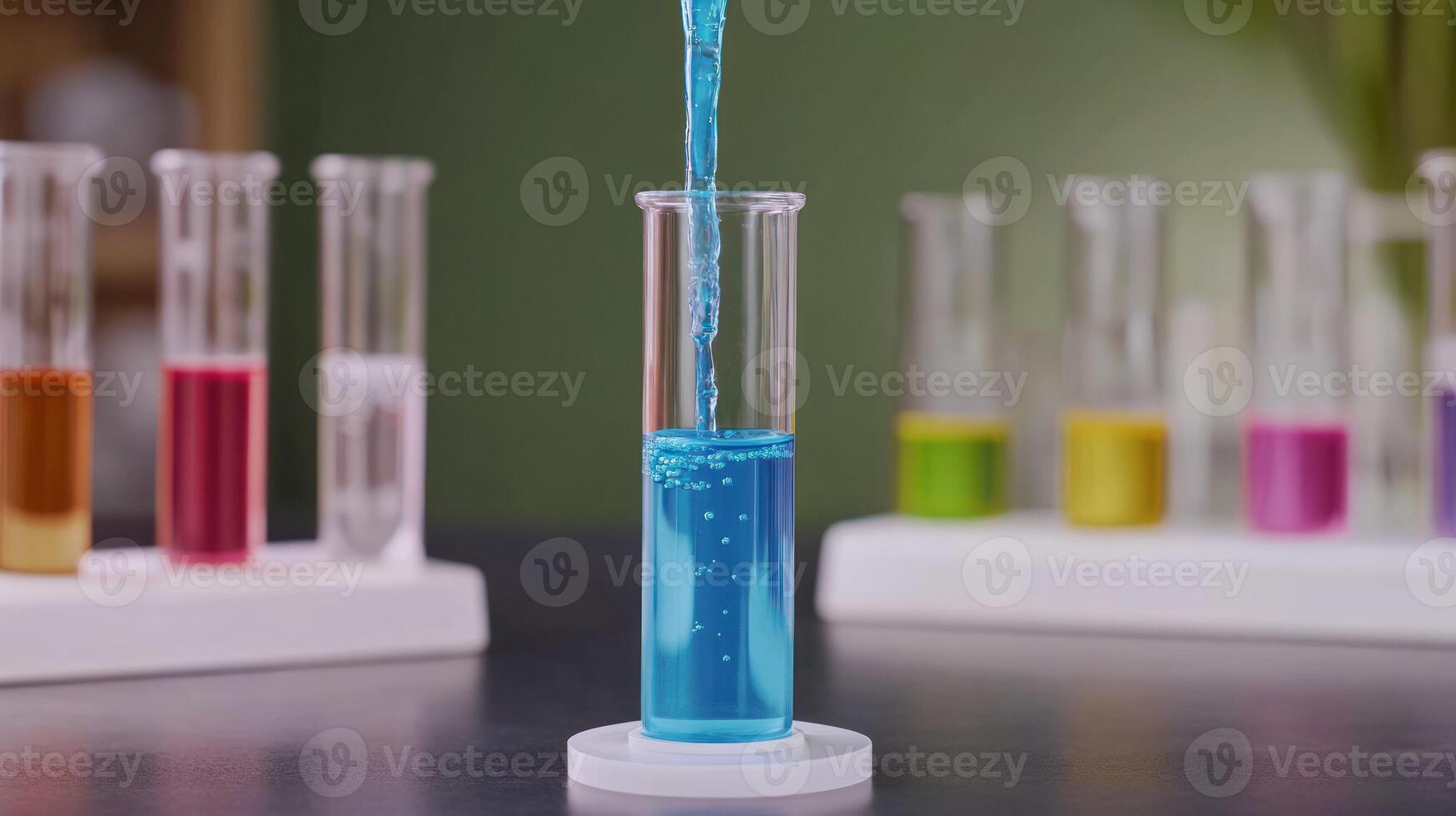 A vibrant blue liquid being poured into a test tube amid colorful beakers. photo