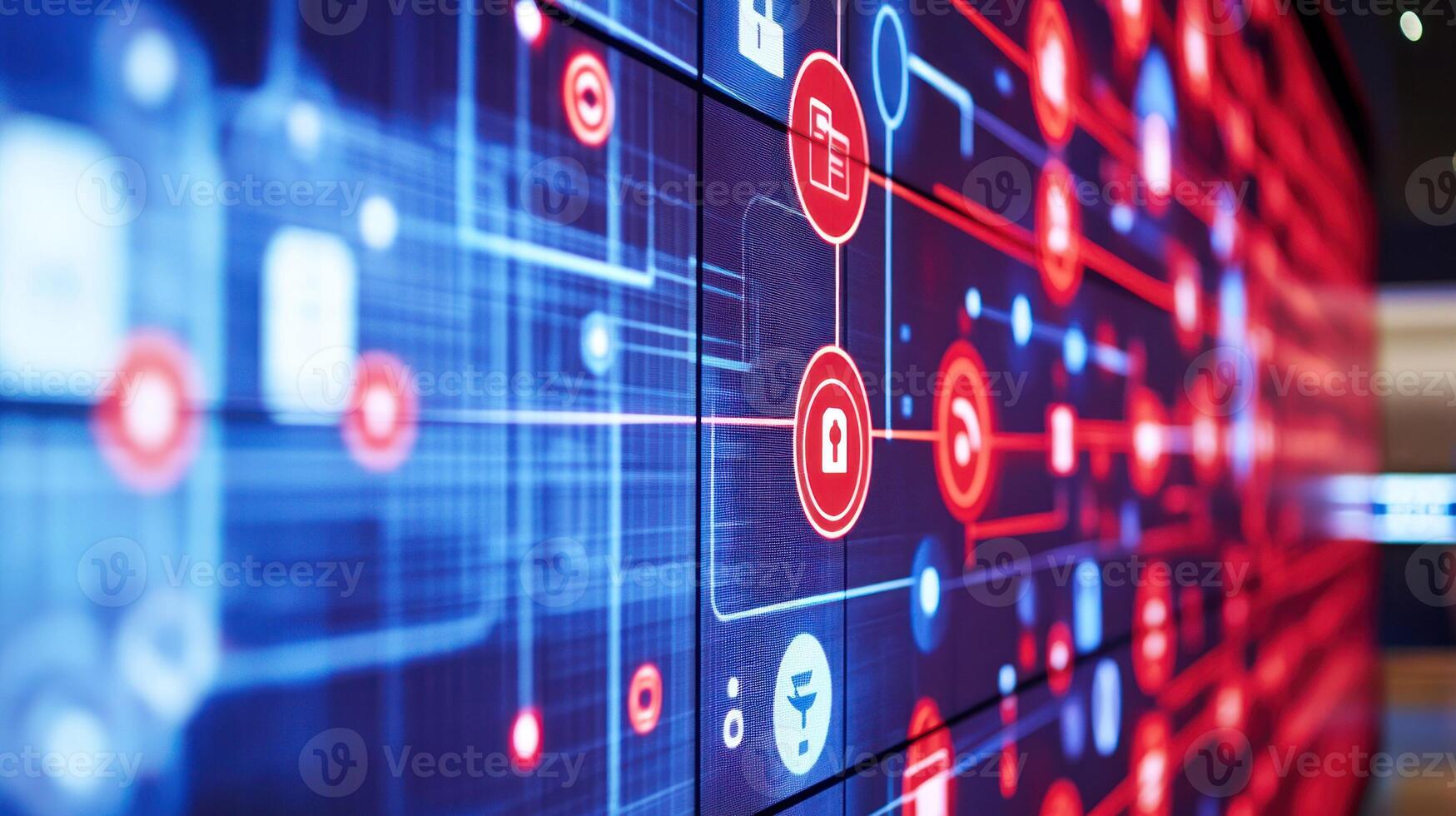 Abstract digital network visualization with red and blue connections. photo