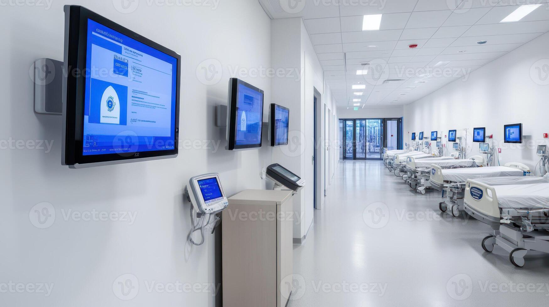 Modern hospital corridor with medical equipment and clean design. photo