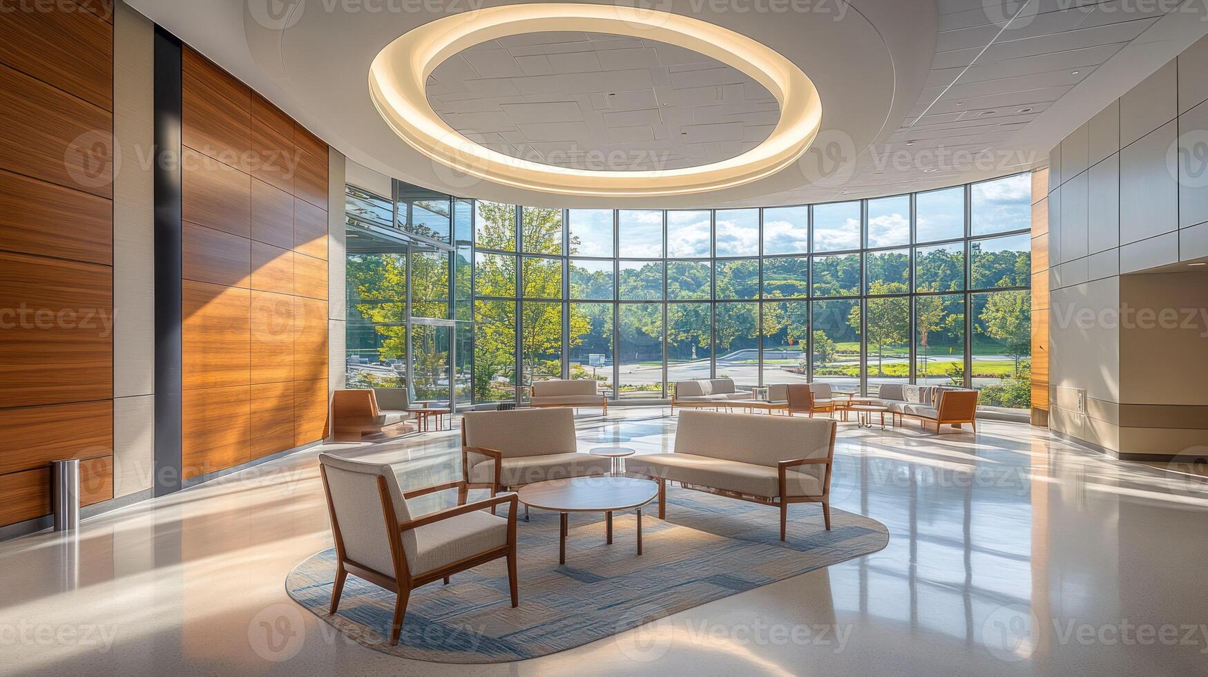 Modern lobby with bright windows, elegant seating, and warm atmosphere. photo