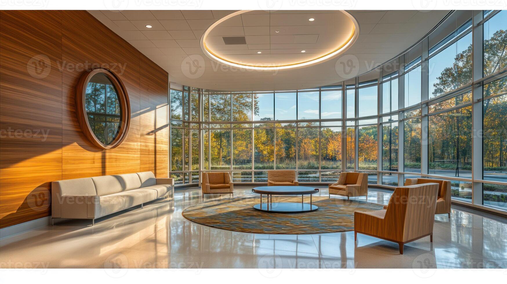 A modern lobby with cozy seating and large windows bathed in natural light. photo