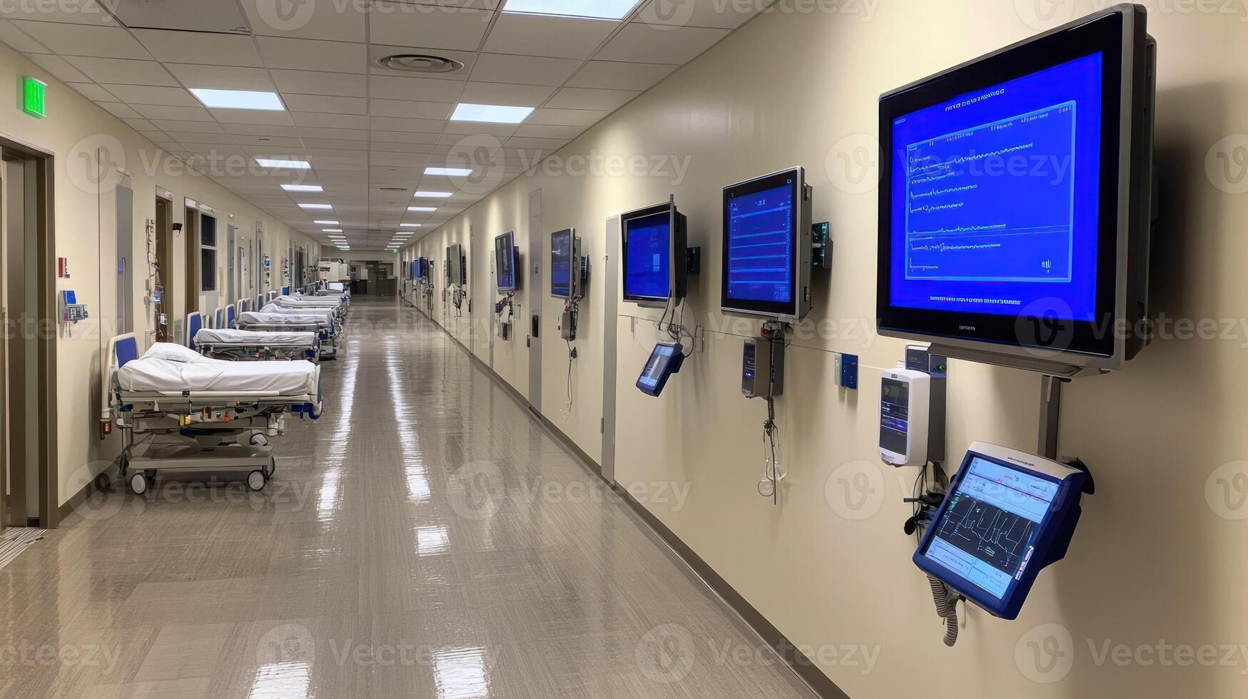 A clean and modern hospital hallway with empty beds and medical technology. photo