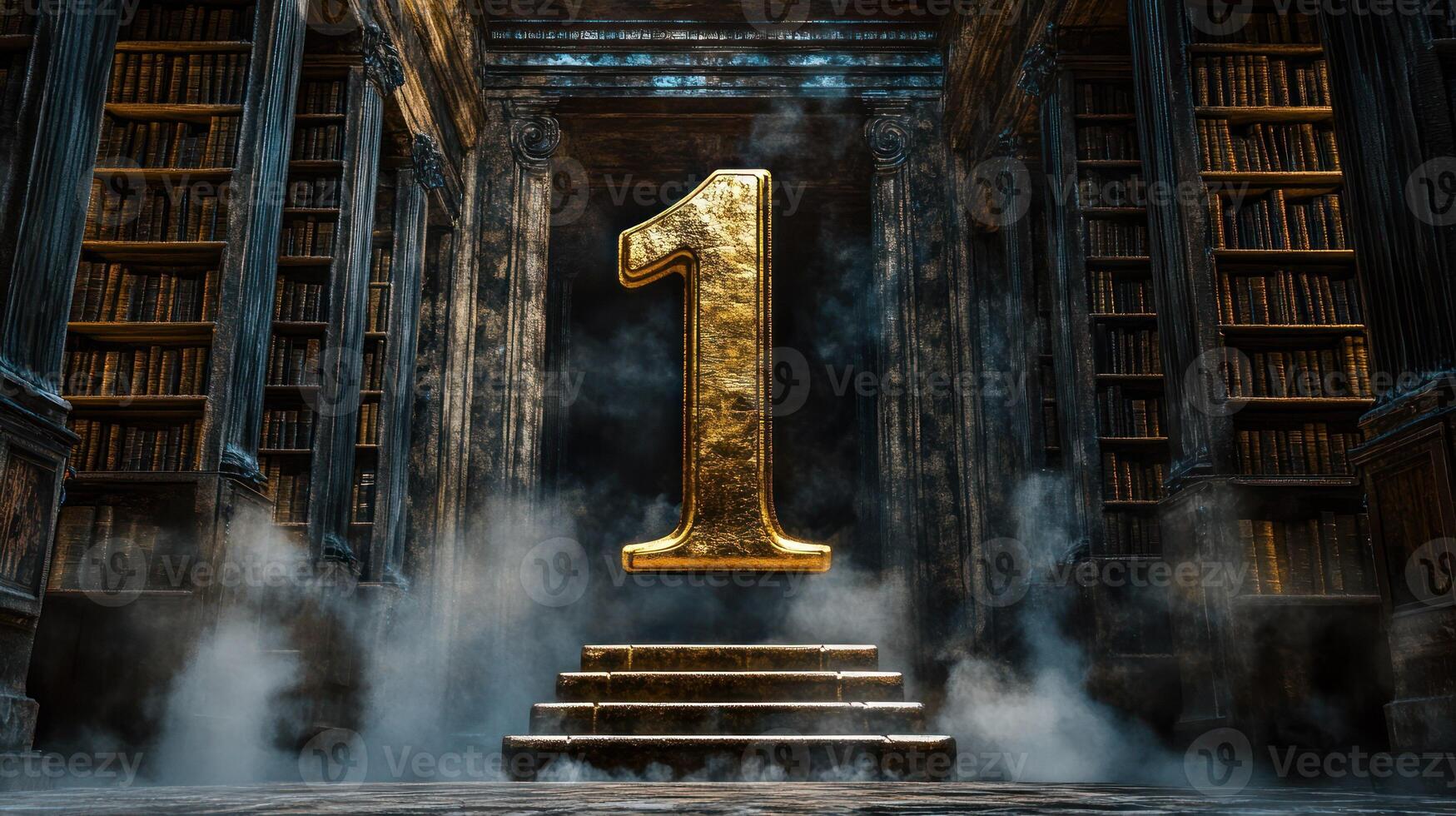A golden number one surrounded by an atmospheric library setting. photo
